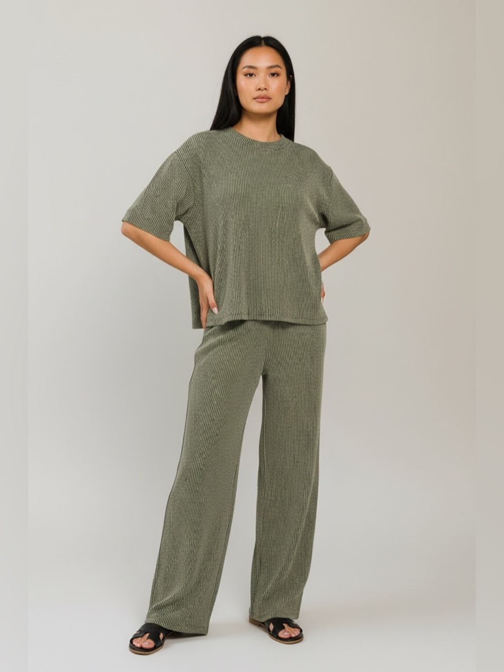 Zenana Women's Dark Olive Ribbed Lounge Set
